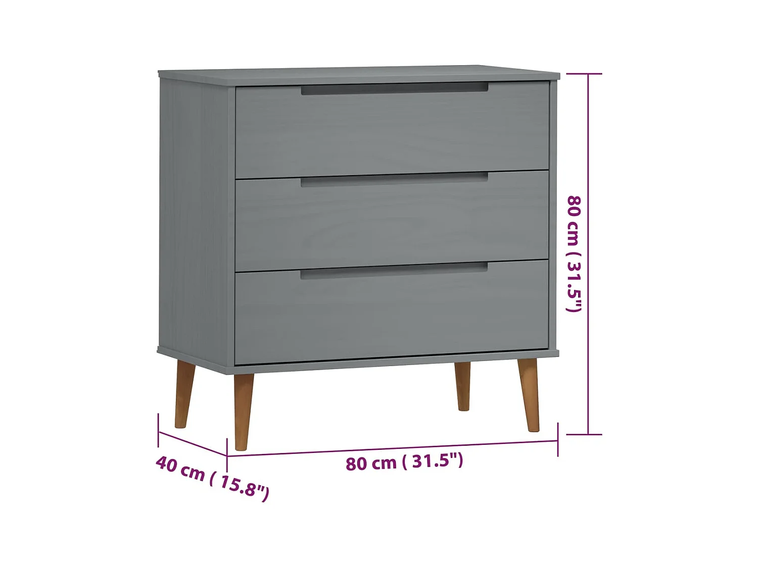 Grijze ladekast 80x40x80 cm Massief grenenhout