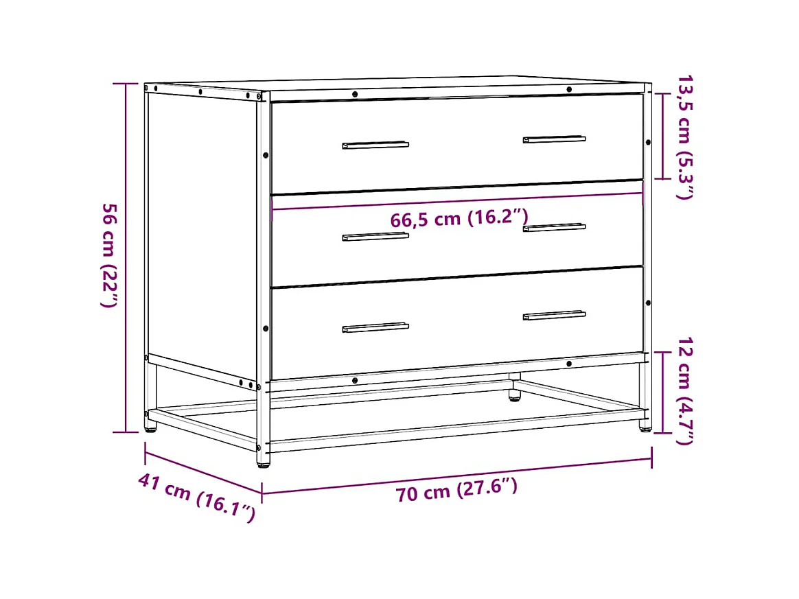 Sonoma grijze ladekast 70x41x56 cm bewerkt hout