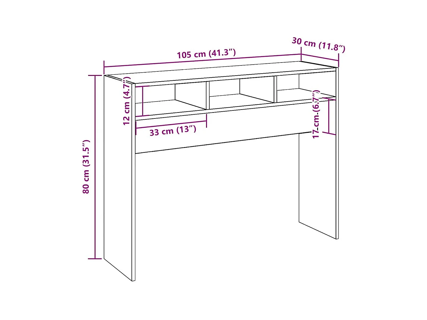 Table console chêne artisanal 105x30x80 cm bois d'ingénierie