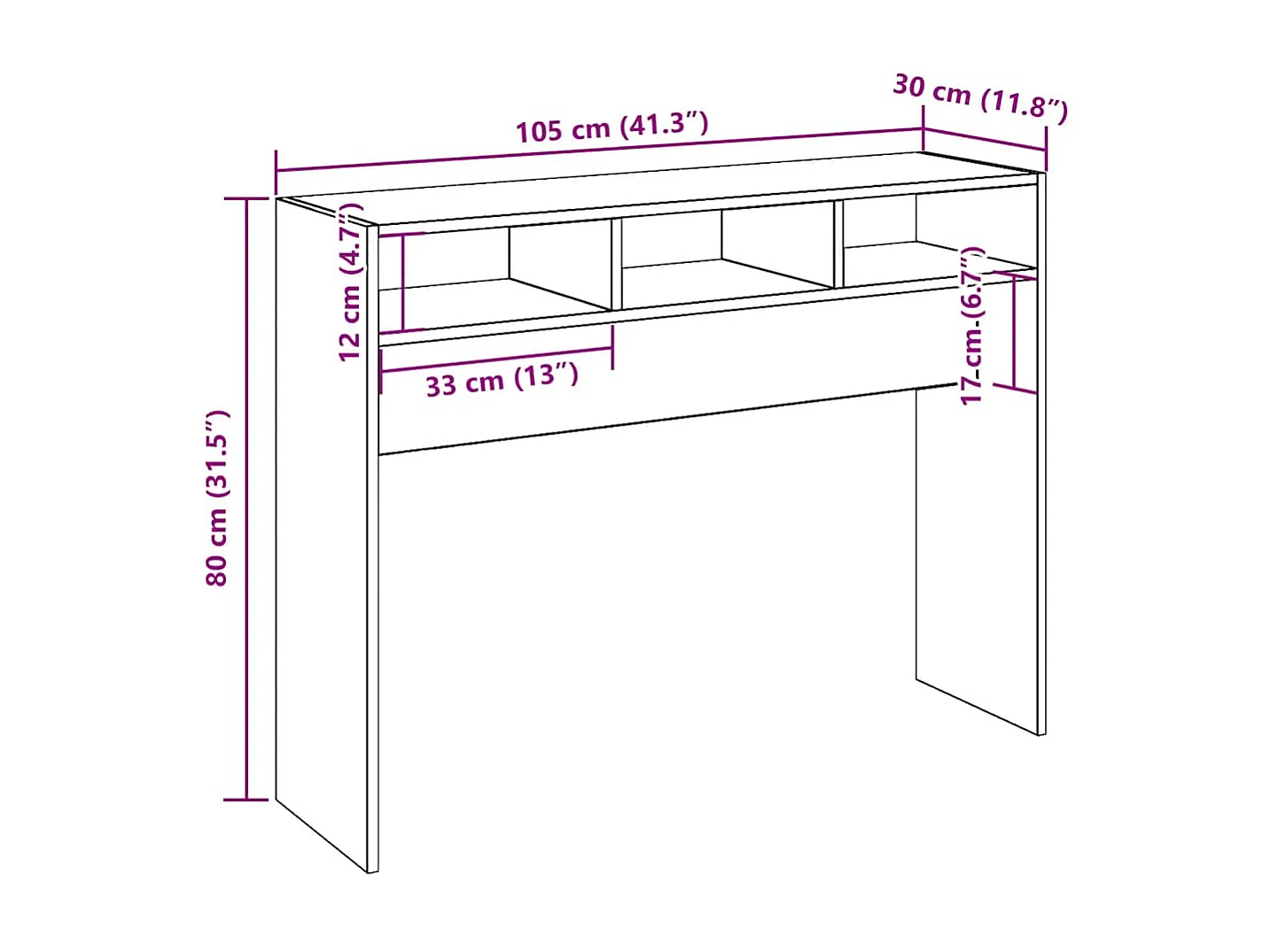 Table console chêne artisanal 105x30x80 cm bois d'ingénierie