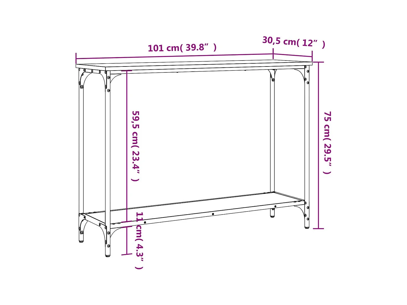 Sonoma grijze consoletafel 101x30,5x75 cm bewerkt hout