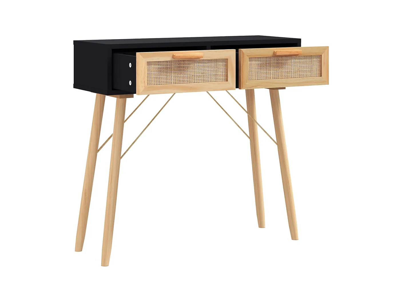 Tavolo consolle nero 80x30x75 cm Legno massello di pino / rattan naturale