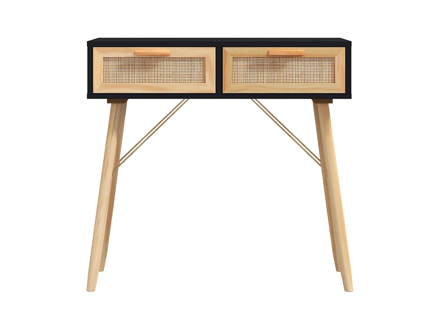 Tavolo consolle nero 80x30x75 cm Legno massello di pino / rattan naturale