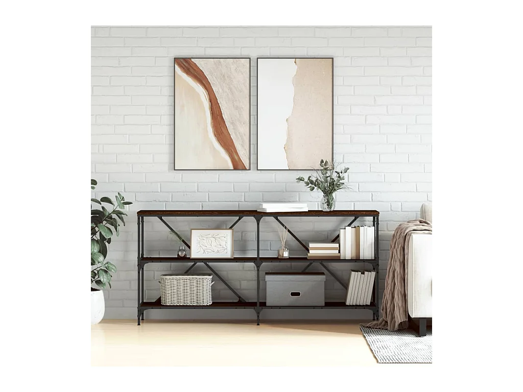 Table console chêne marron 160x30x75cm bois d'ingénierie et fer