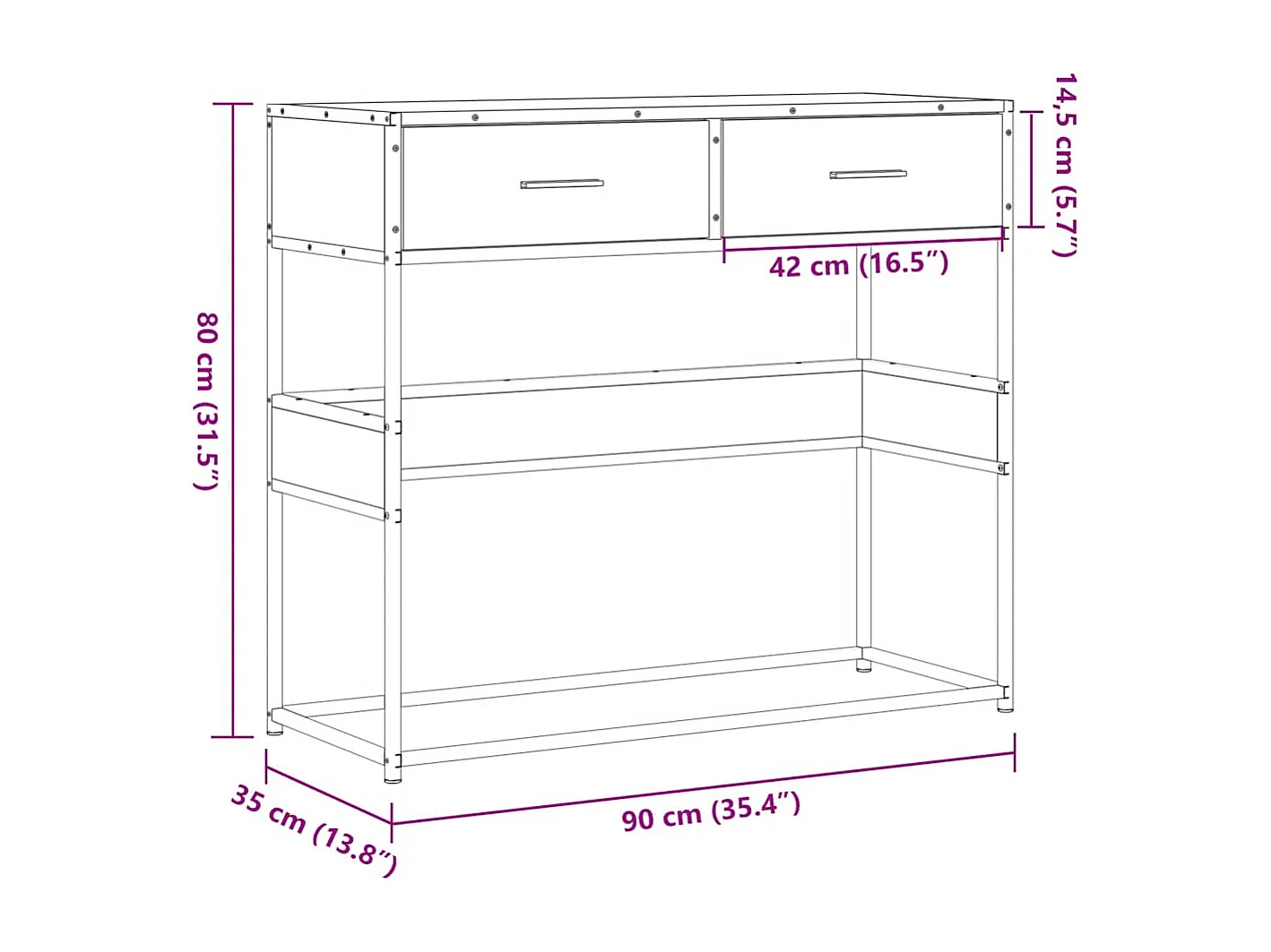 Sonoma grijze consoletafel 90x35x80 cm bewerkt hout