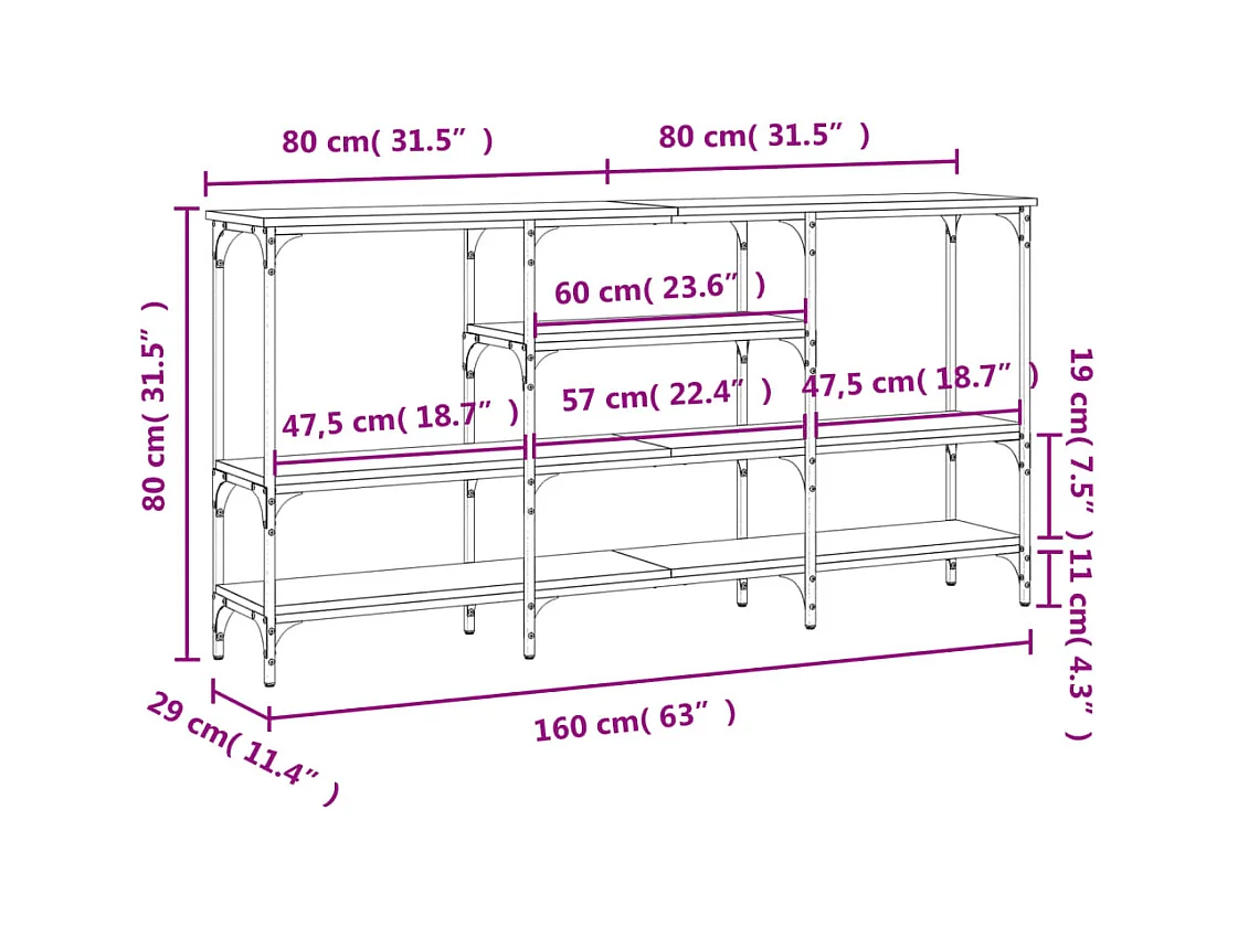 Table console chêne fumé 160x29x80 cm bois d'ingénierie