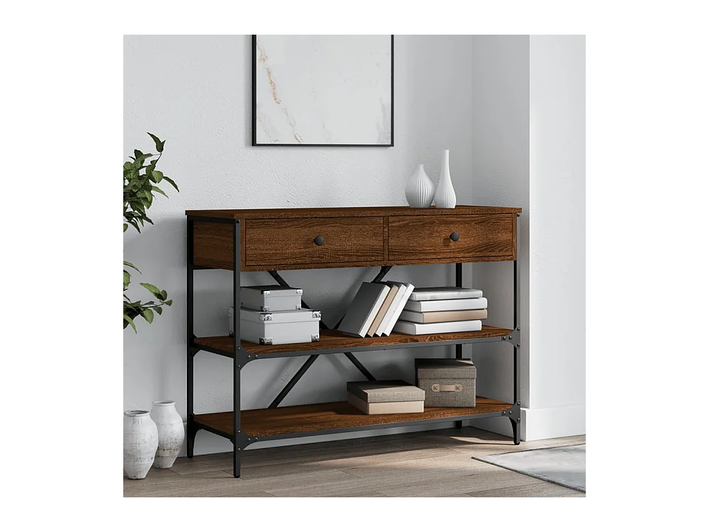 Table console avec tiroirs et étagères chêne marron