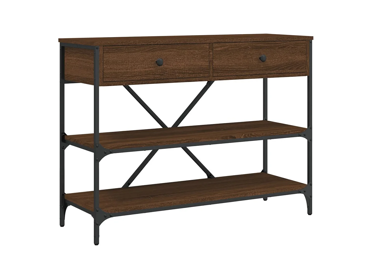 Table console avec tiroirs et étagères chêne marron