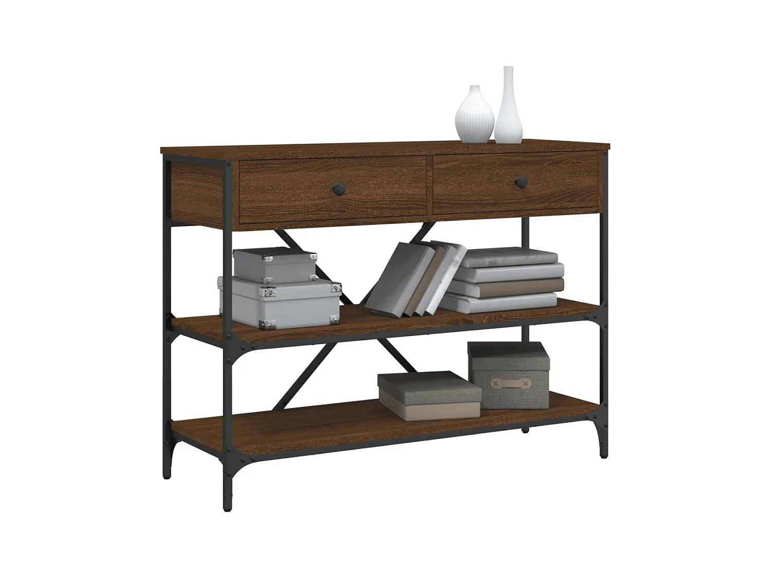 Table console avec tiroirs et étagères chêne marron