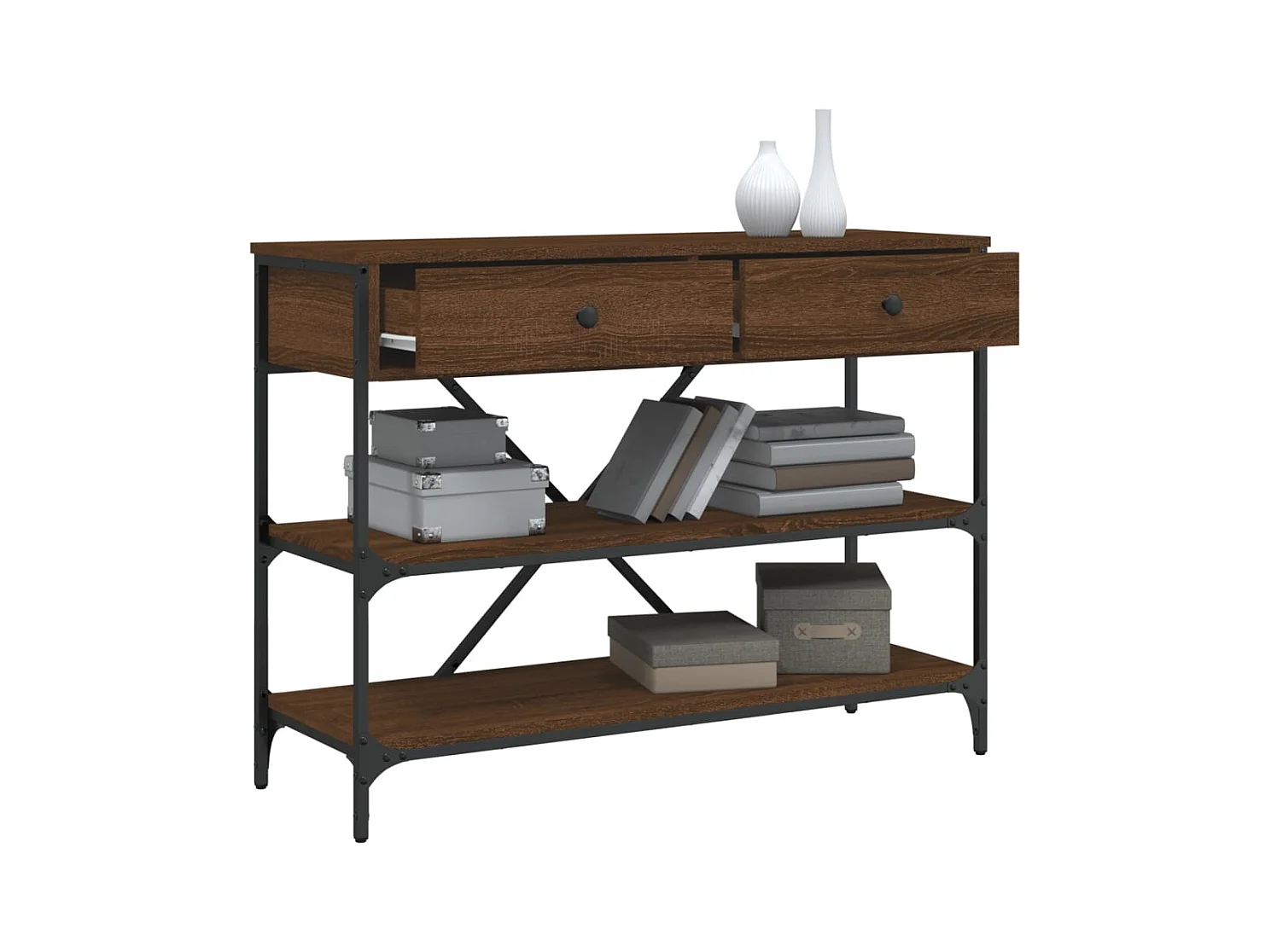 Table console avec tiroirs et étagères chêne marron