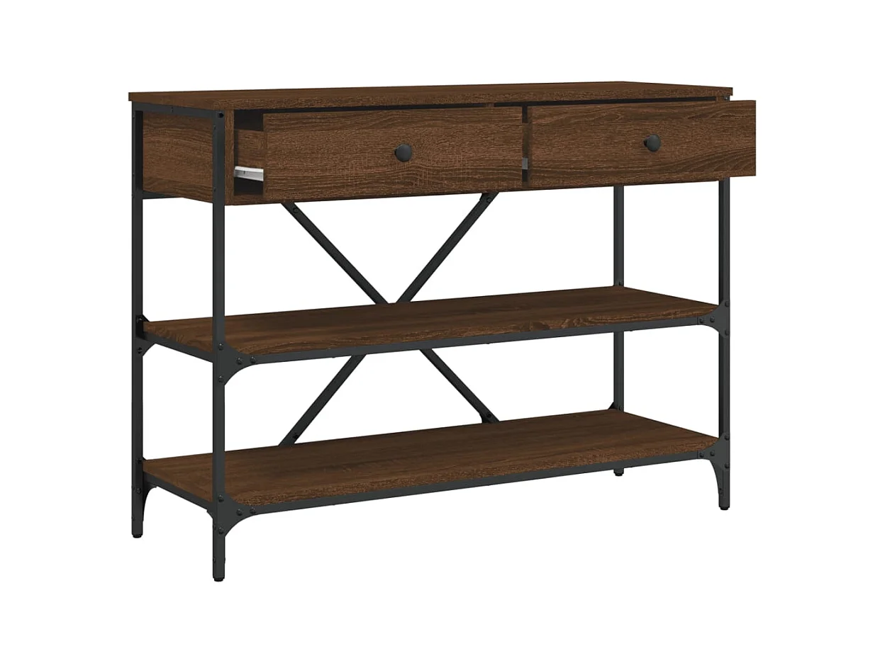 Table console avec tiroirs et étagères chêne marron