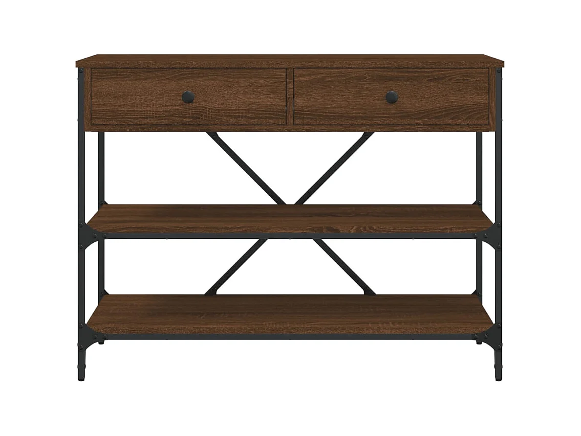 Table console avec tiroirs et étagères chêne marron