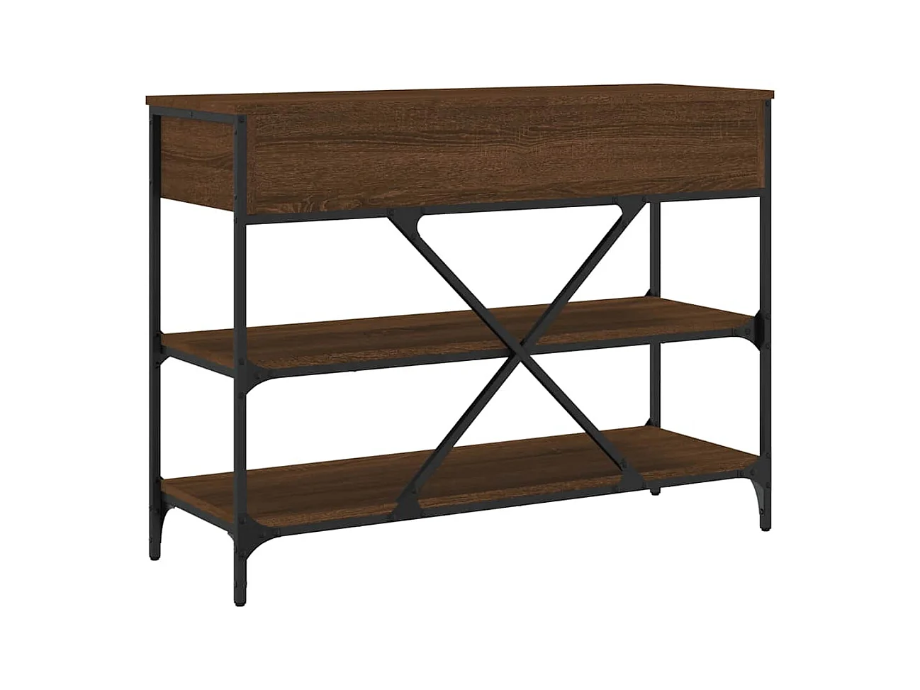 Table console avec tiroirs et étagères chêne marron