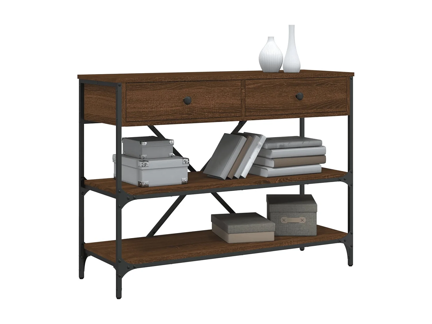 Table console avec tiroirs et étagères chêne marron