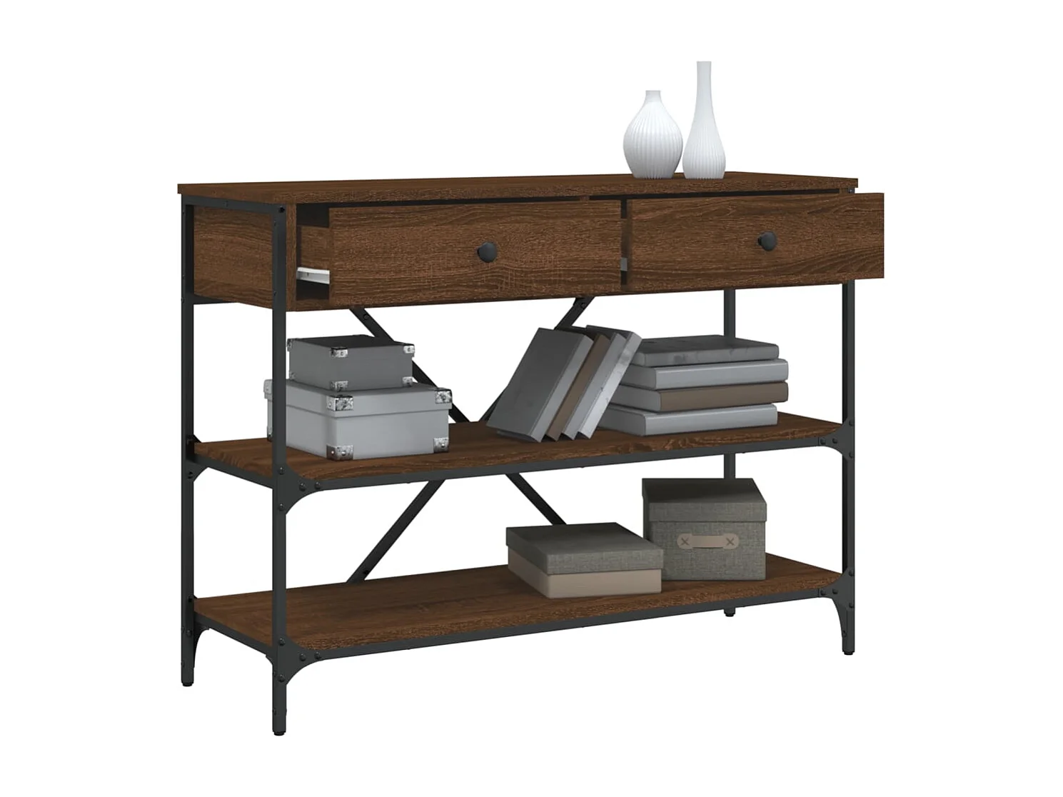 Table console avec tiroirs et étagères chêne marron