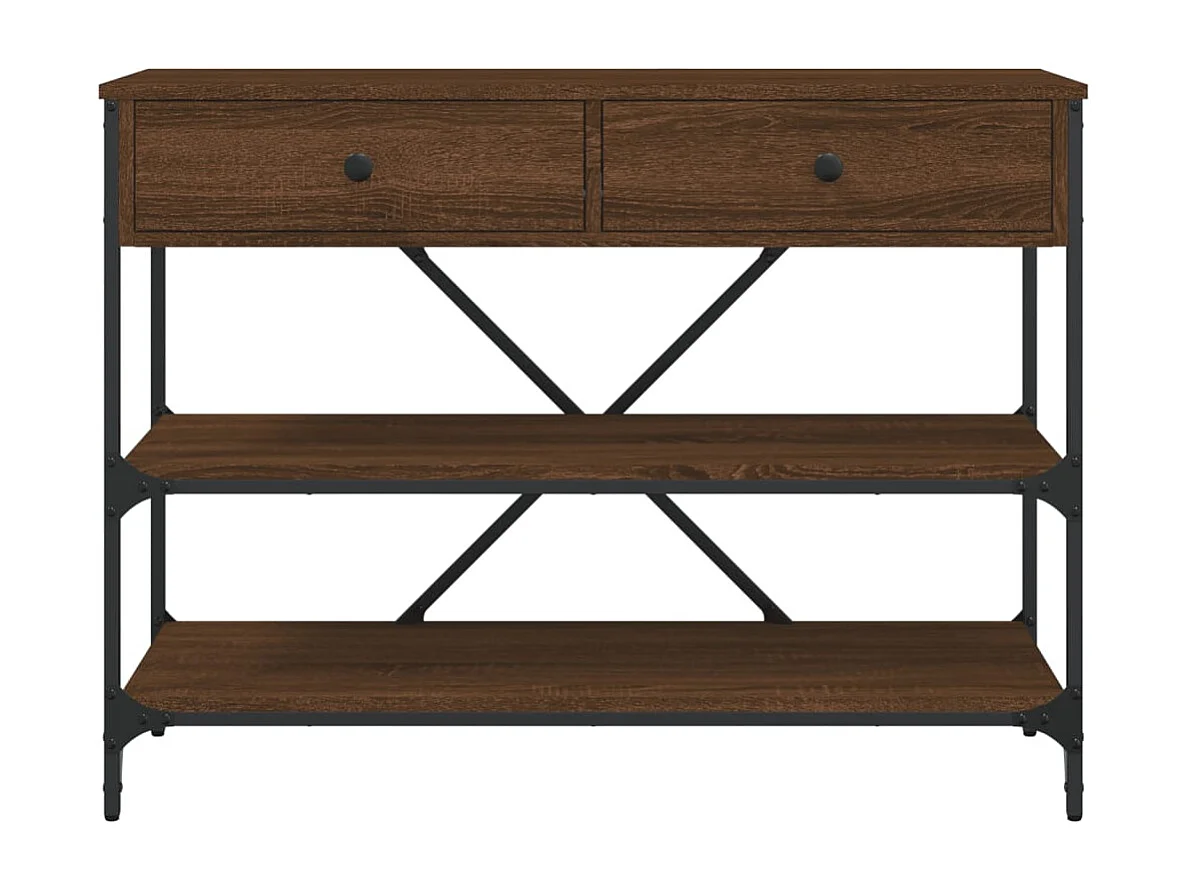 Table console avec tiroirs et étagères chêne marron