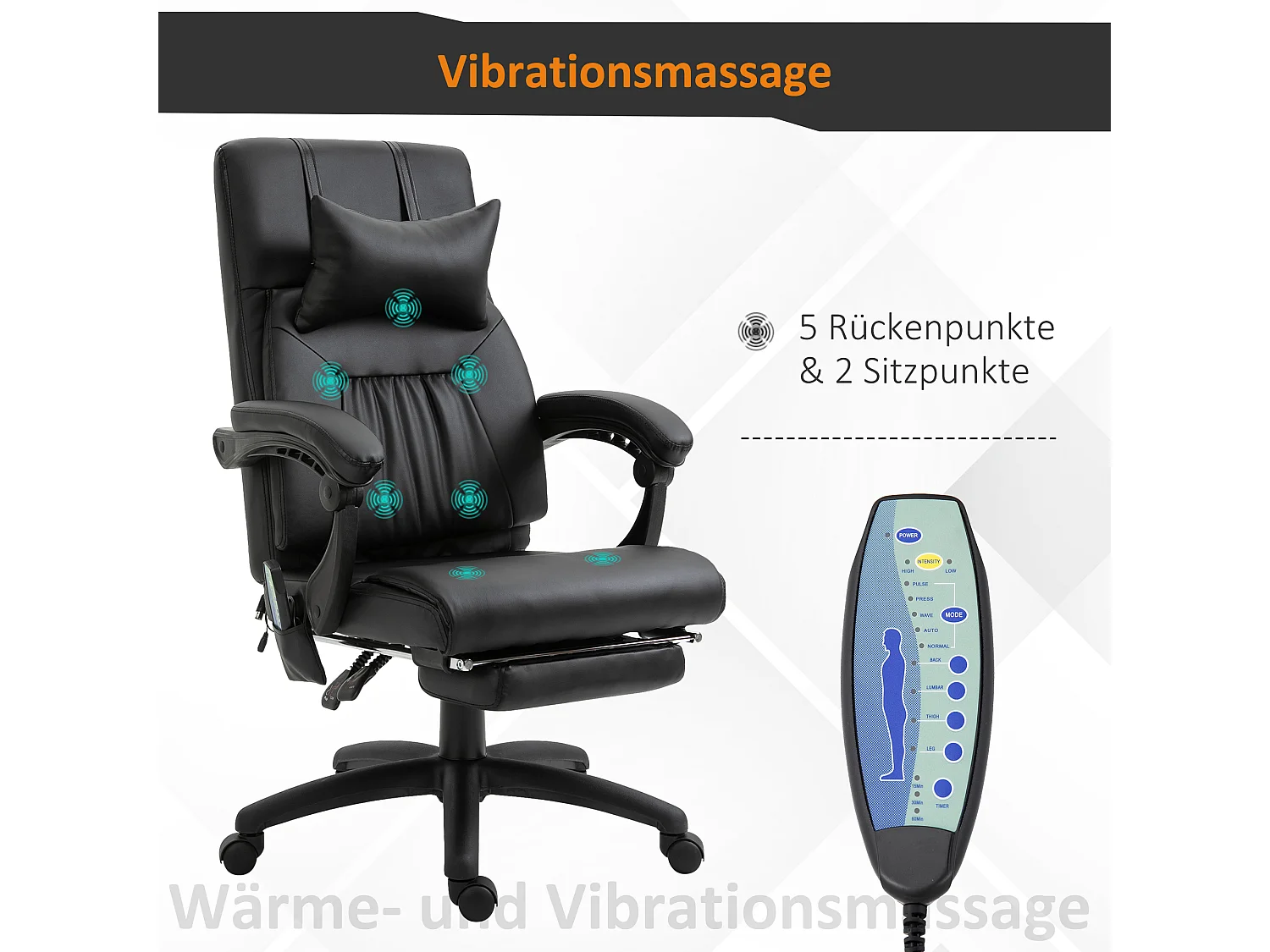 Fauteuil de bureau ergonomique avec massage, fonction chauffante, repose-pieds, PVC, Noir (68x79x104-112 cm)