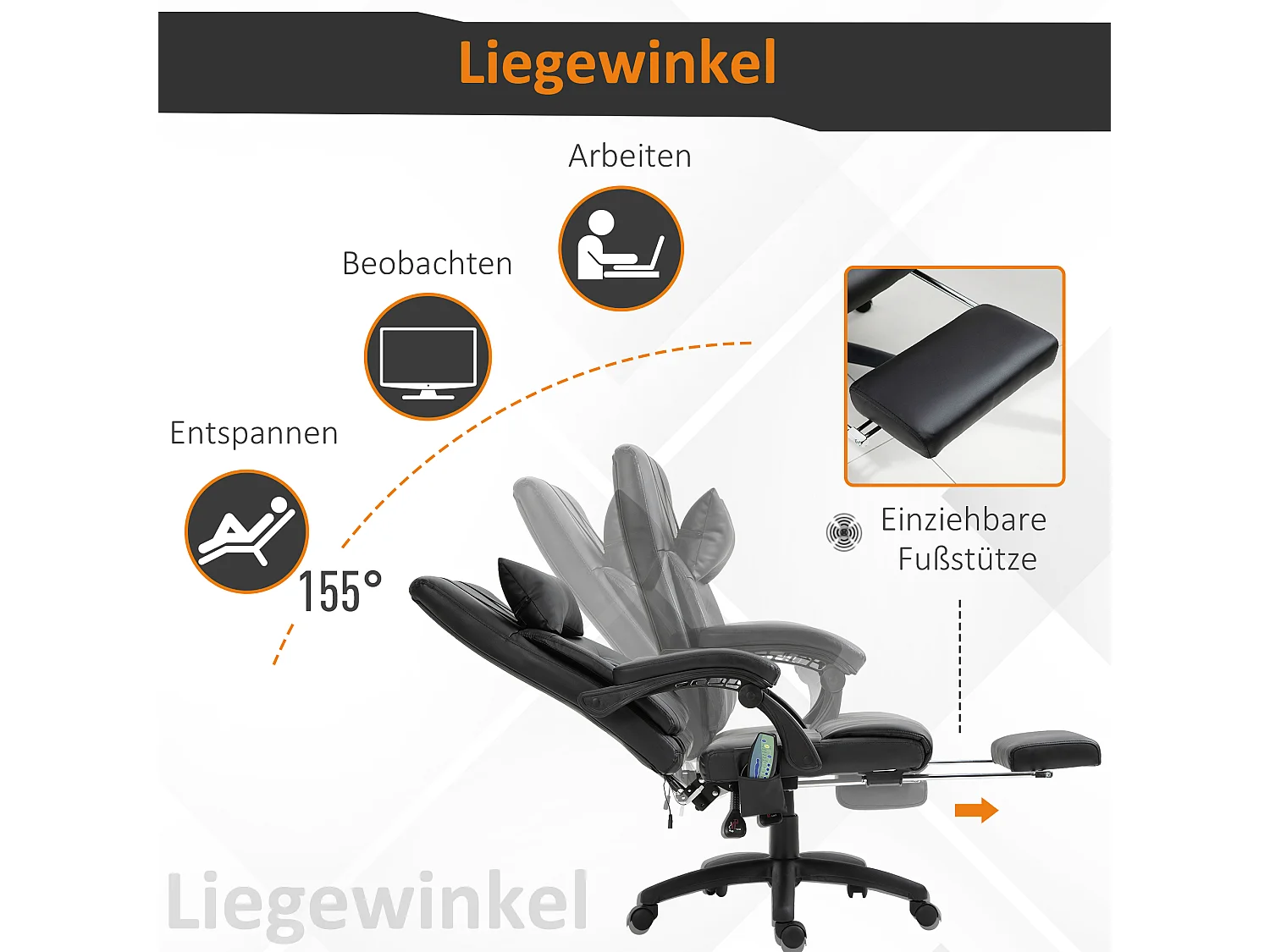 Fauteuil de bureau ergonomique avec massage, fonction chauffante, repose-pieds, PVC, Noir (68x79x104-112 cm)