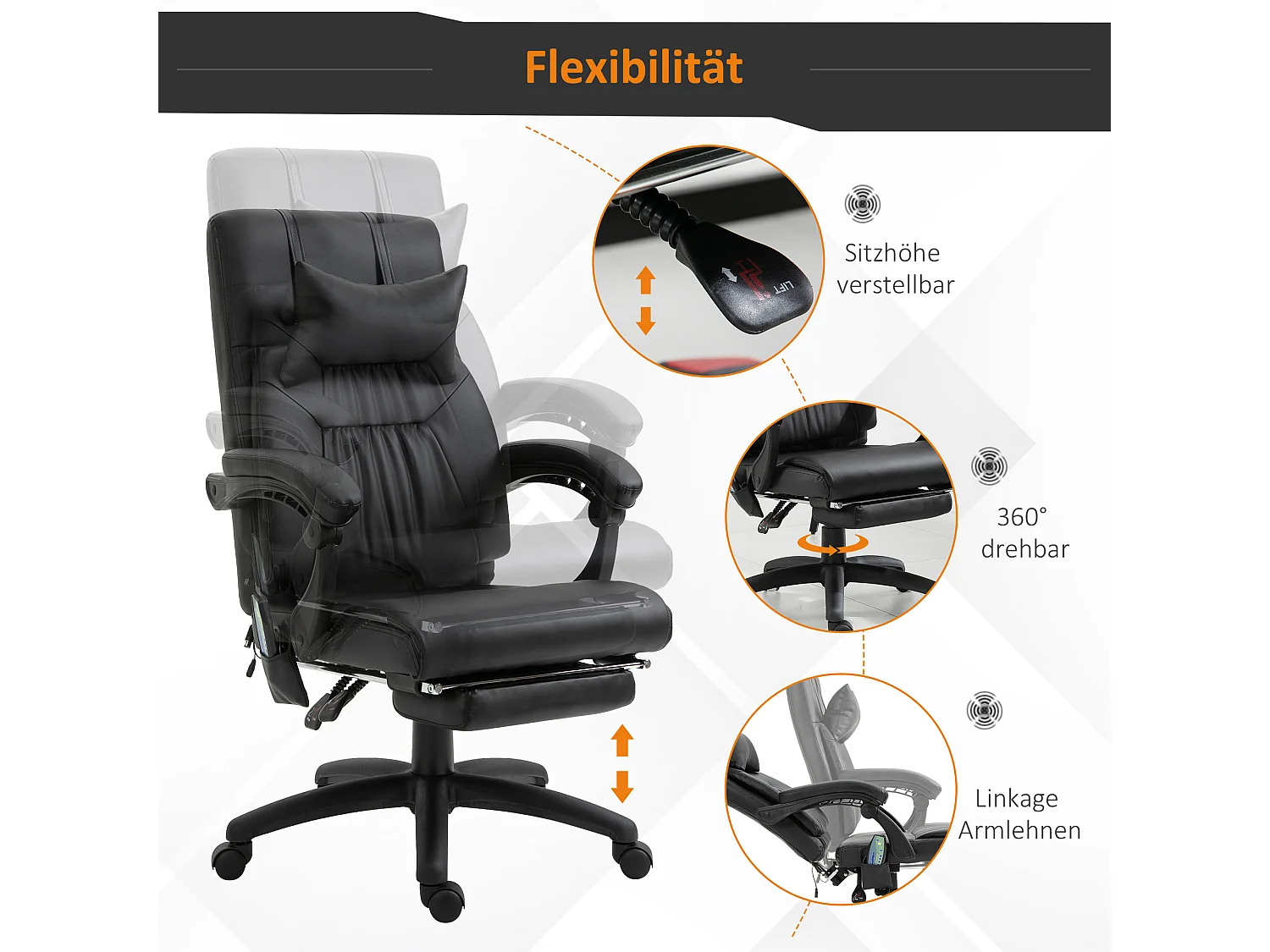 Fauteuil de bureau ergonomique avec massage, fonction chauffante, repose-pieds, PVC, Noir (68x79x104-112 cm)