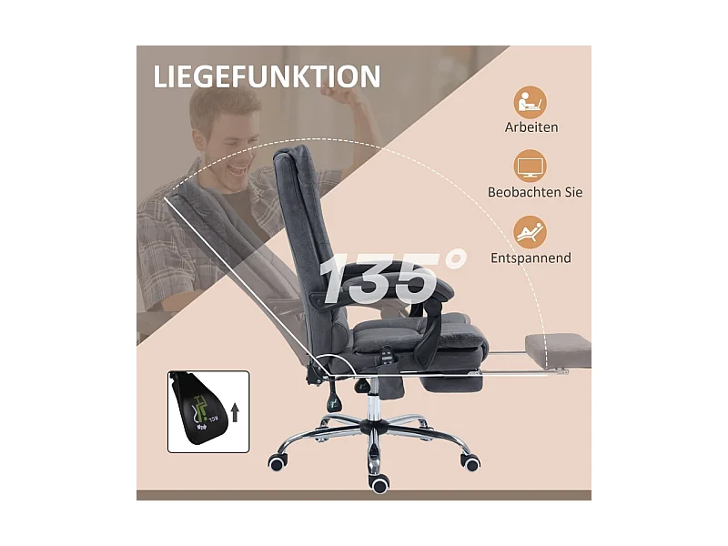 Chaise de bureau avec massage et fonction chauffante, réglable, polyester, gris foncé (64x70x118 cm)