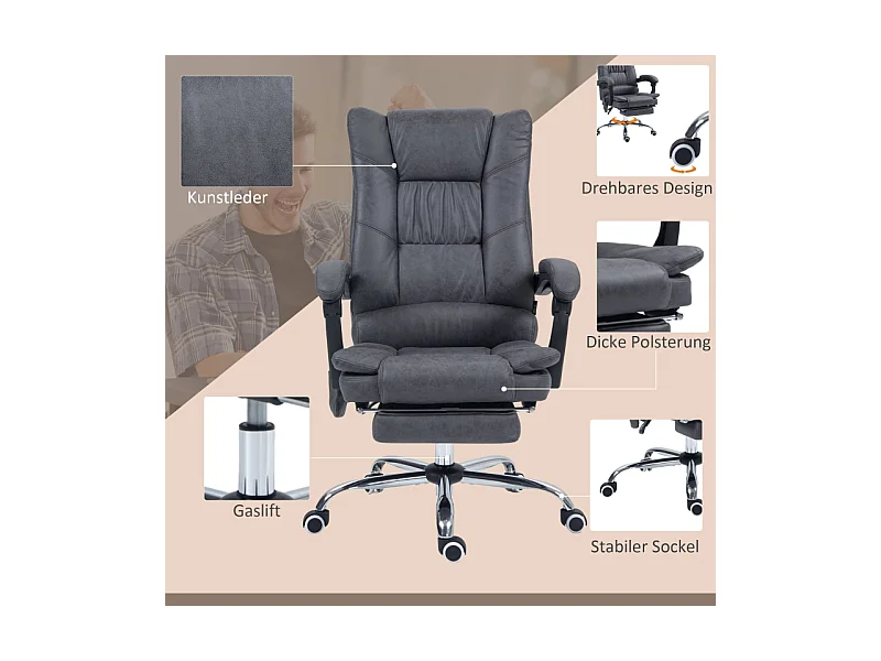 Chaise de bureau avec massage et fonction chauffante, réglable, polyester, gris foncé (64x70x118 cm)