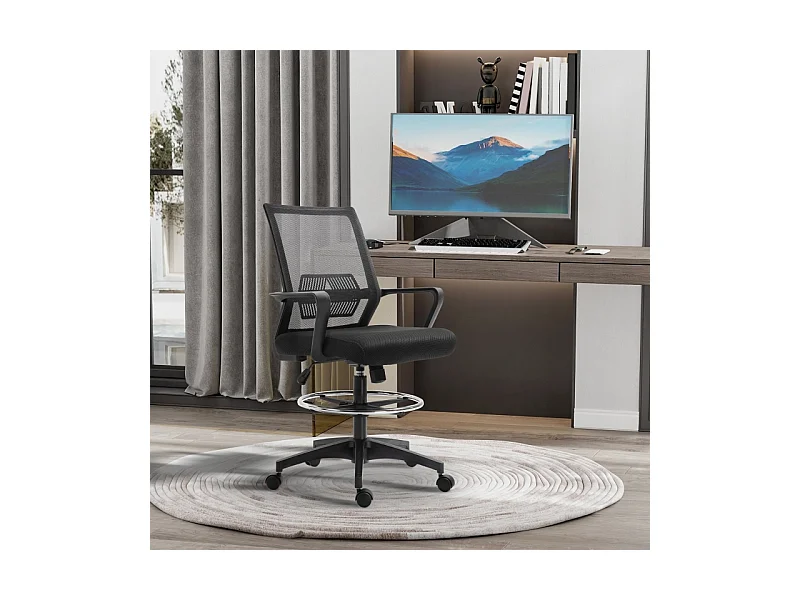 Chaise de bureau ergonomique avec appuie-tête, soutien lombaire, siège réglable et fonction basculante, tissu maillé, noir (64x59x104-124 cm)