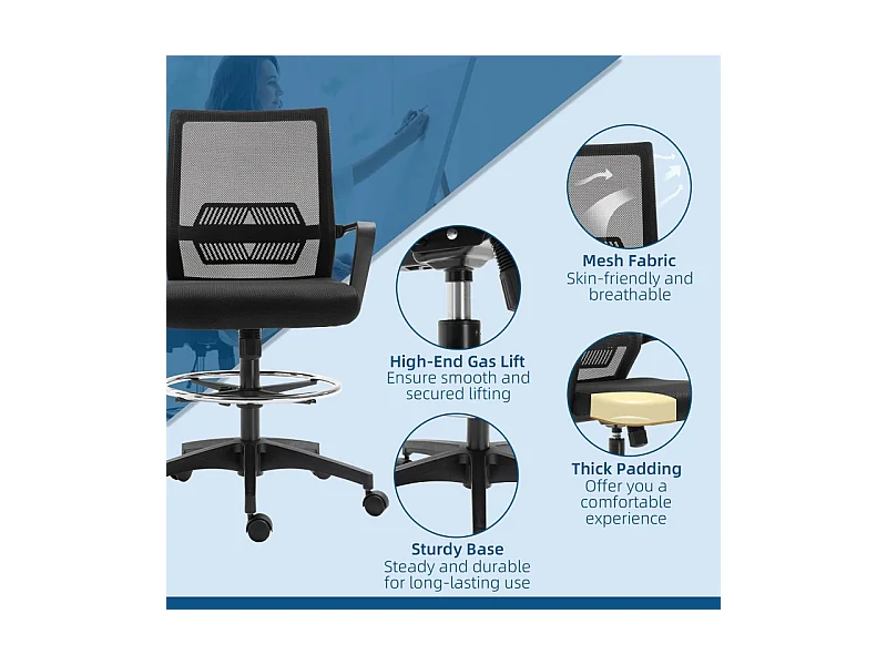 Chaise de bureau ergonomique avec appuie-tête, soutien lombaire, siège réglable et fonction basculante, tissu maillé, noir (64x59x104-124 cm)