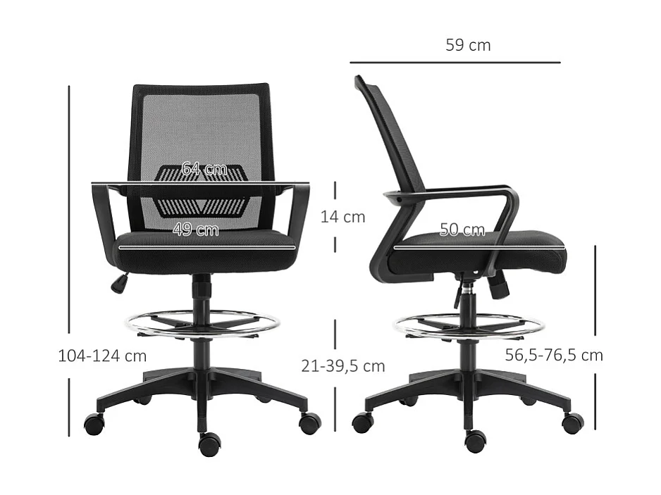 Chaise de bureau ergonomique avec appuie-tête, soutien lombaire, siège réglable et fonction basculante, tissu maillé, noir (64x59x104-124 cm)