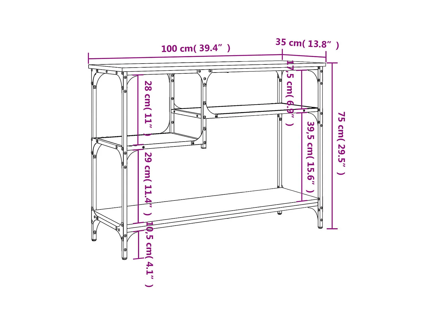 Tavolo consolle con ripiani nero 100x35x75 cm
