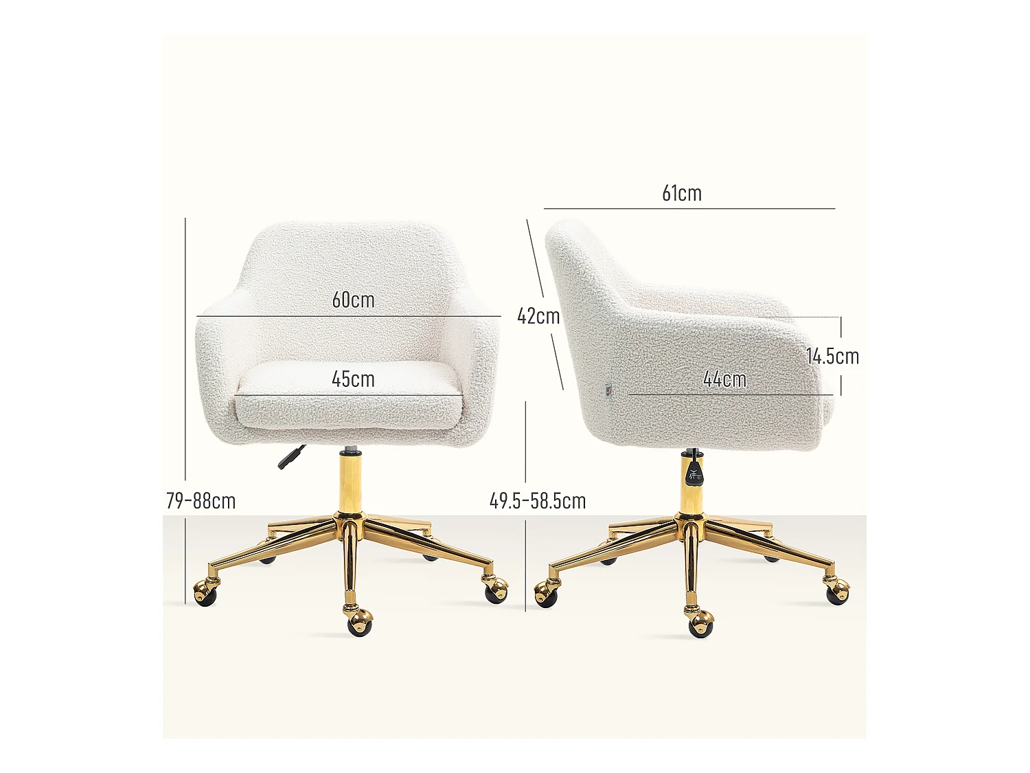 Fauteuil de bureau avec accoudoirs ajustables, haut dossier, tissu en lin, crème (60x61x79-88 cm)