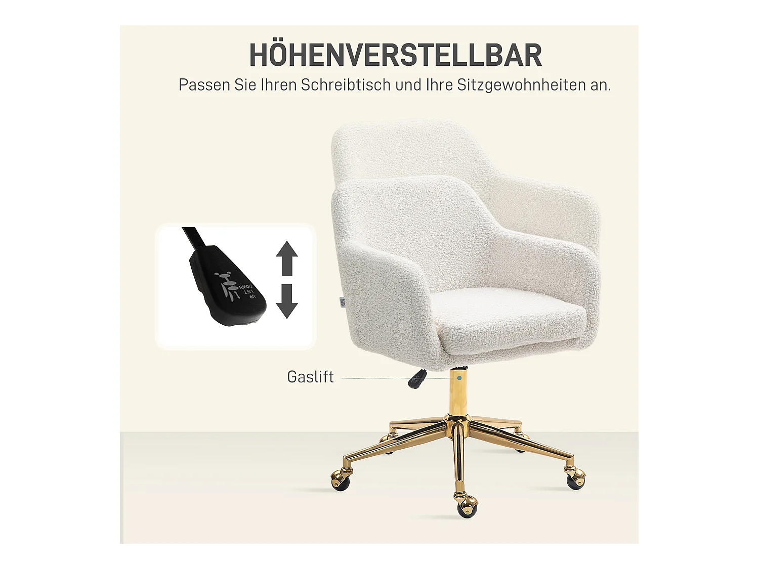 Fauteuil de bureau avec accoudoirs ajustables, haut dossier, tissu en lin, crème (60x61x79-88 cm)