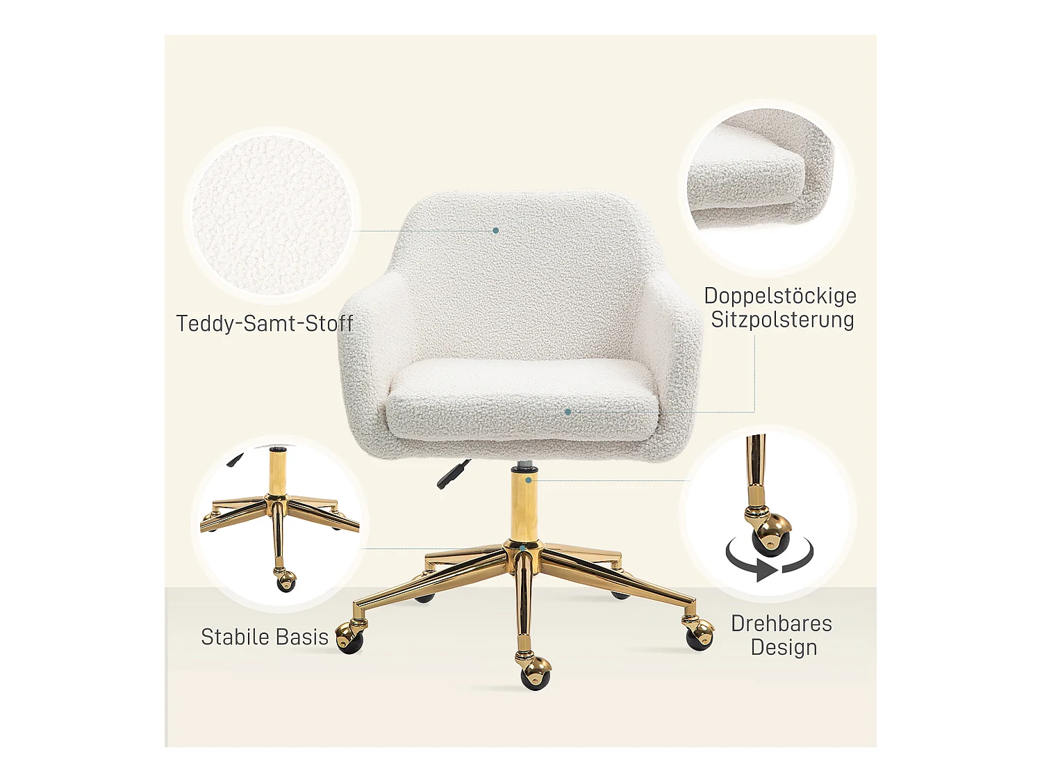 Fauteuil de bureau avec accoudoirs ajustables, haut dossier, tissu en lin, crème (60x61x79-88 cm)