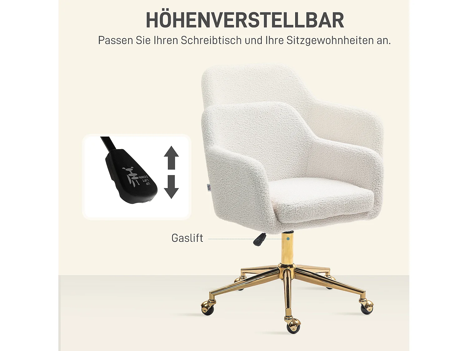 Fauteuil de bureau avec accoudoirs ajustables, haut dossier, tissu en lin, crème (60x61x79-88 cm)