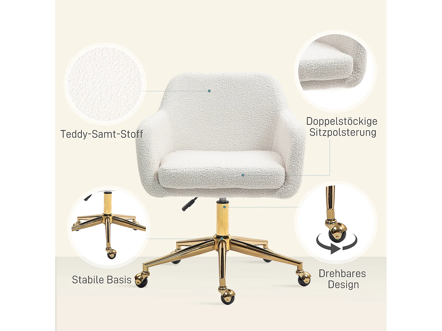 Fauteuil de bureau avec accoudoirs ajustables, haut dossier, tissu en lin, crème (60x61x79-88 cm)
