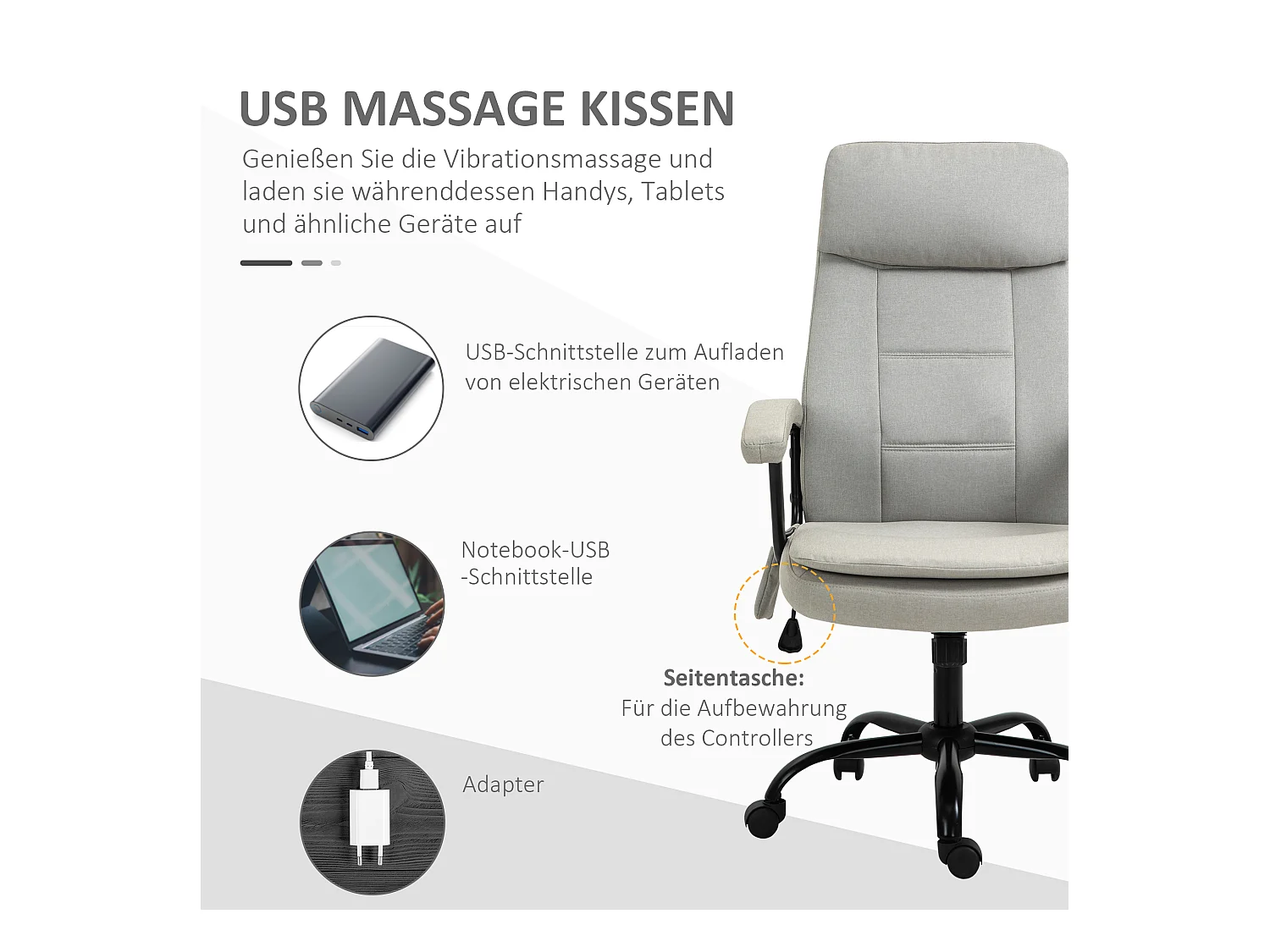 Bureaustoel met massagefunctie, in hoogte verstelbaar, polyesterstof, beige (63x70x121cm)