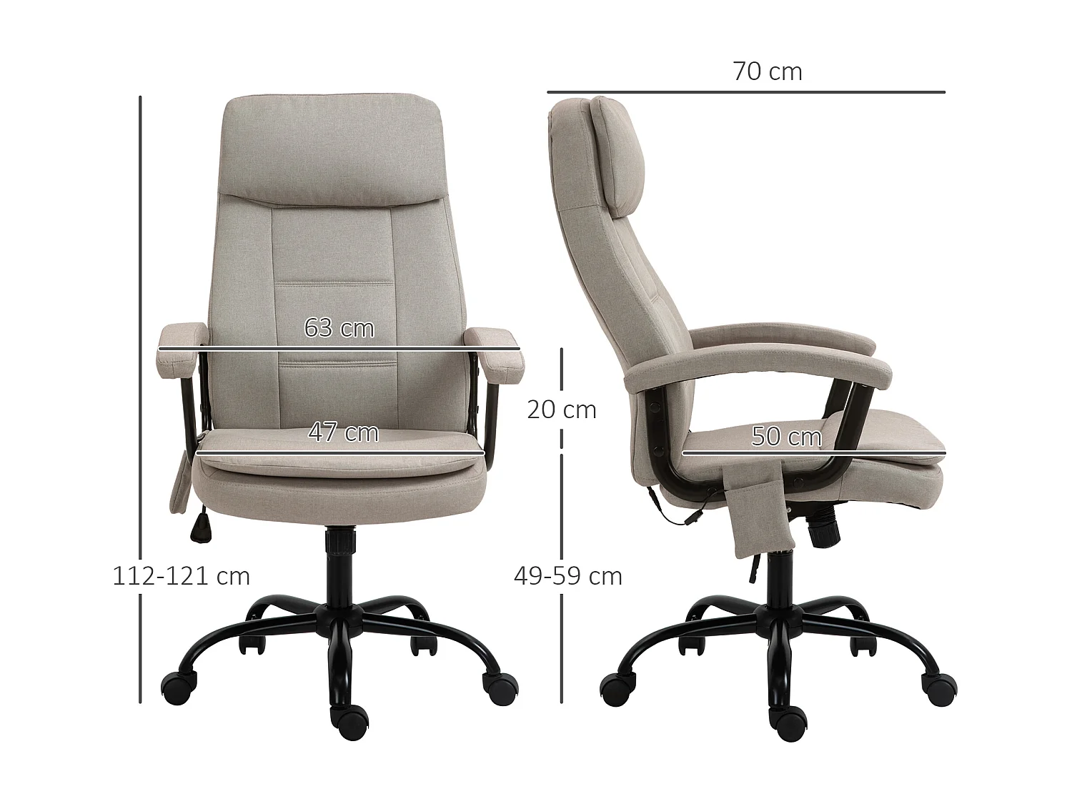 Fauteuil de bureau avec fonction massage, réglable en hauteur, tissu polyester, beige (63x70x121cm)