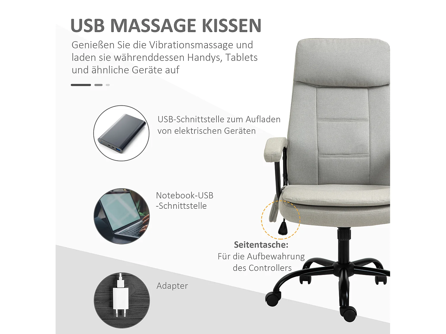 Fauteuil de bureau avec fonction massage, réglable en hauteur, tissu polyester, beige (63x70x121cm)