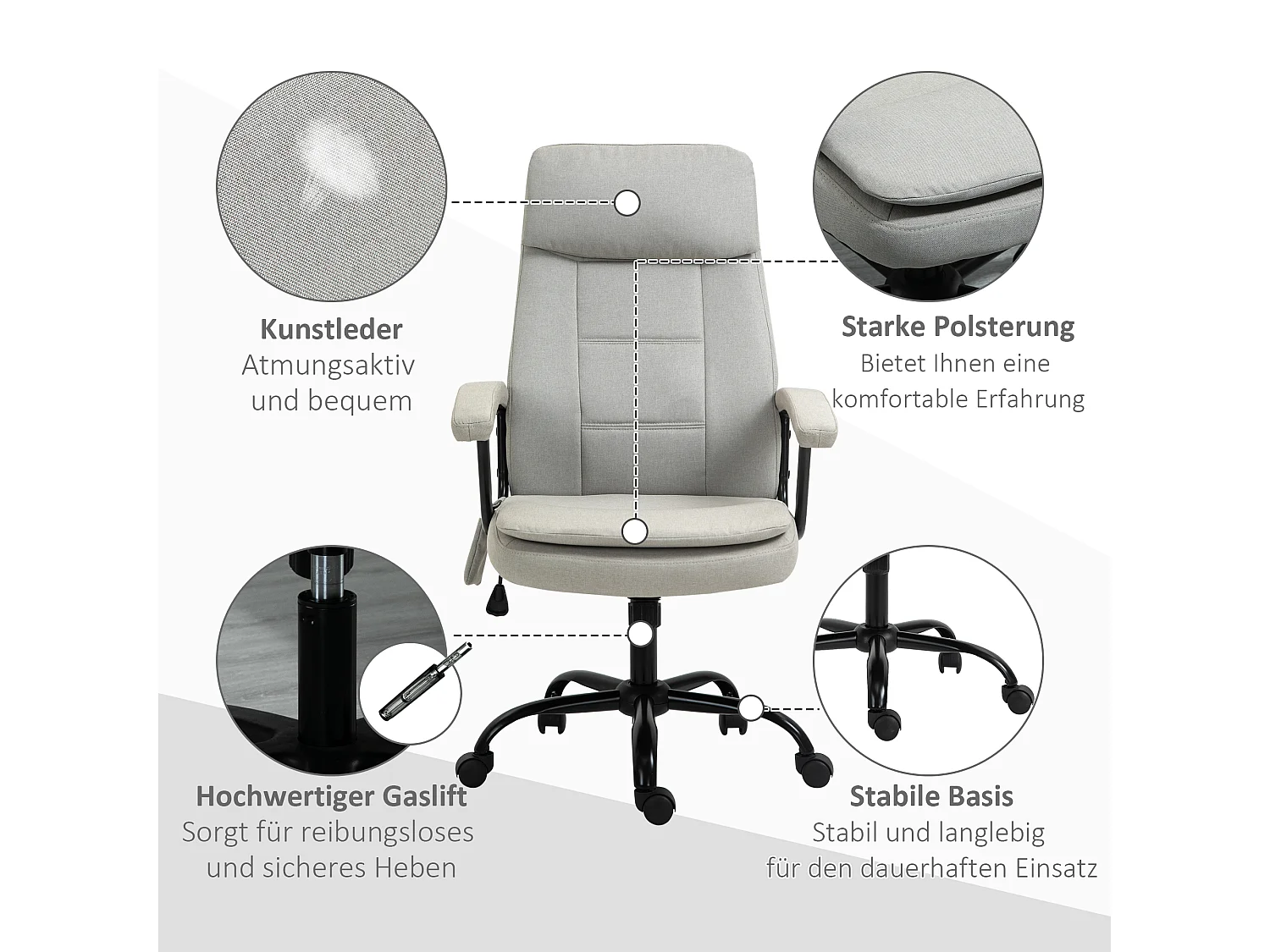 Fauteuil de bureau avec fonction massage, réglable en hauteur, tissu polyester, beige (63x70x121cm)