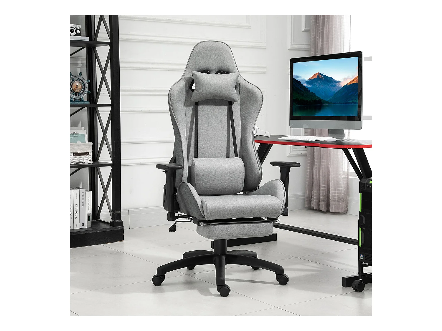 Chaise de bureau avec accoudoirs réglables, soutien lombaire et coussin amovible, mousse, gris (73x57x127-135 cm)