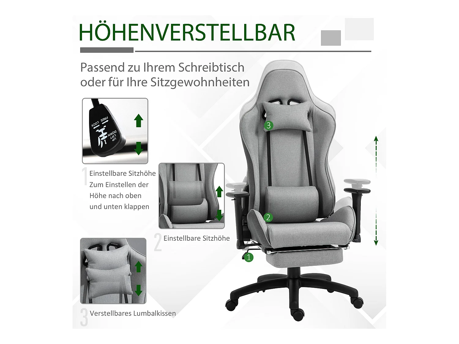 Chaise de bureau avec accoudoirs réglables, soutien lombaire et coussin amovible, mousse, gris (73x57x127-135 cm)