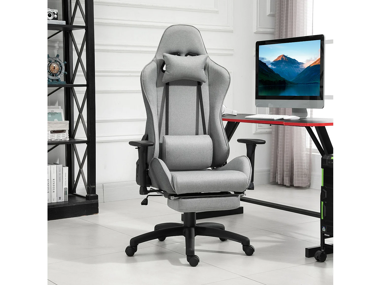 Chaise de bureau avec accoudoirs réglables, soutien lombaire et coussin amovible, mousse, gris (73x57x127-135 cm)