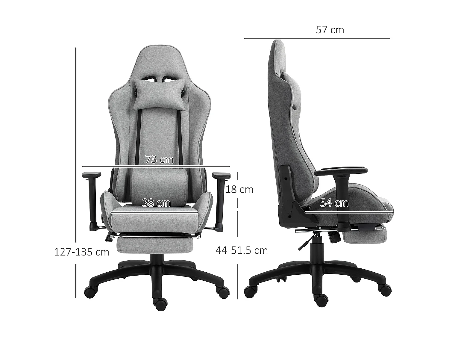 Chaise de bureau avec accoudoirs réglables, soutien lombaire et coussin amovible, mousse, gris (73x57x127-135 cm)