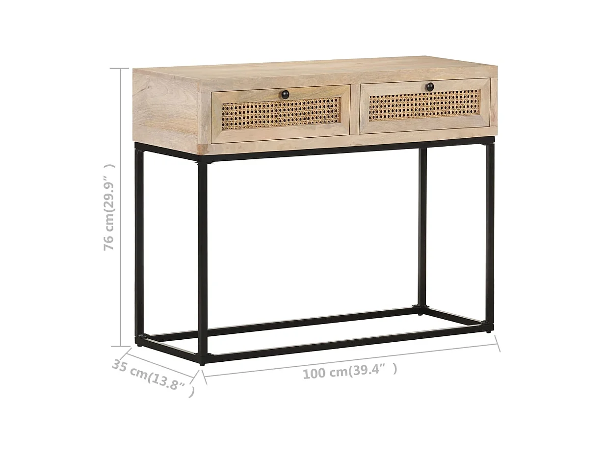 Consoletafel 100x35x76 cm Mangohout en natuurlijk riet
