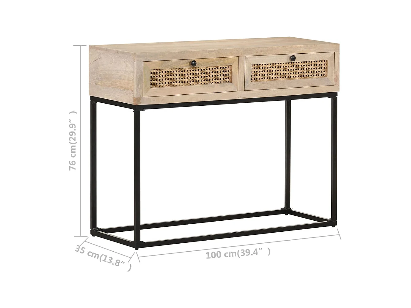 Consoletafel 100x35x76 cm Mangohout en natuurlijk riet