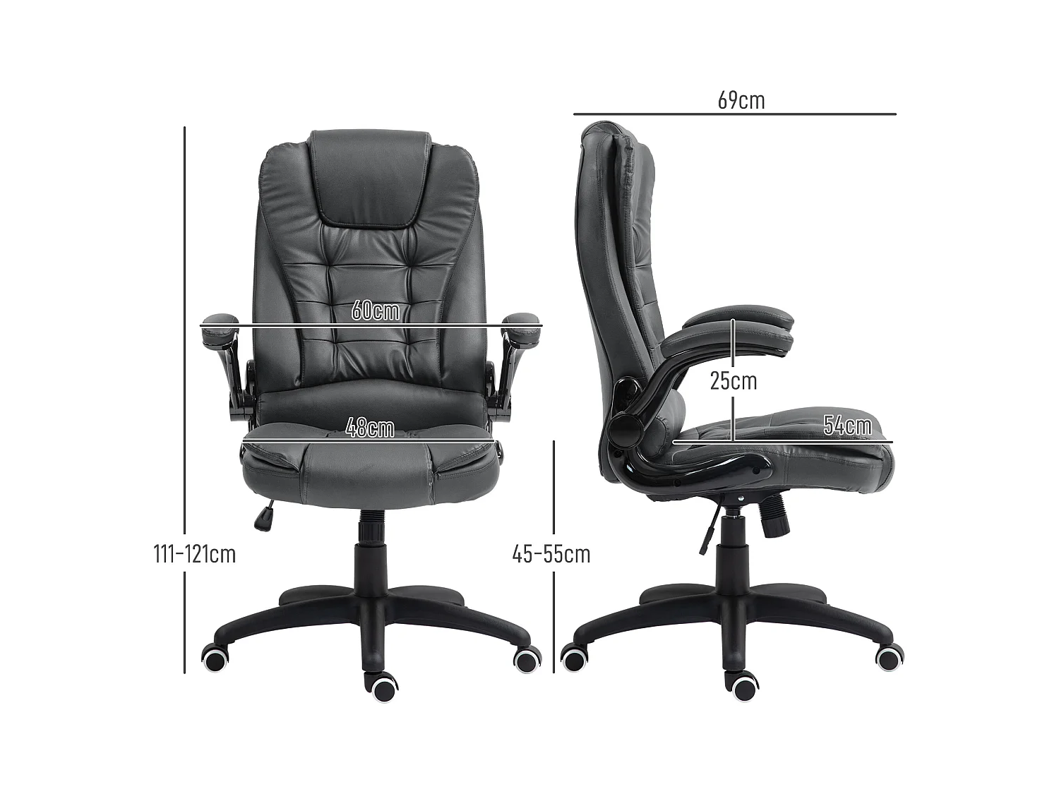 Chaise de bureau ergonomique avec fonction basculante, accoudoirs escamotables, en simili cuir, gris foncé (60x69x121 cm)