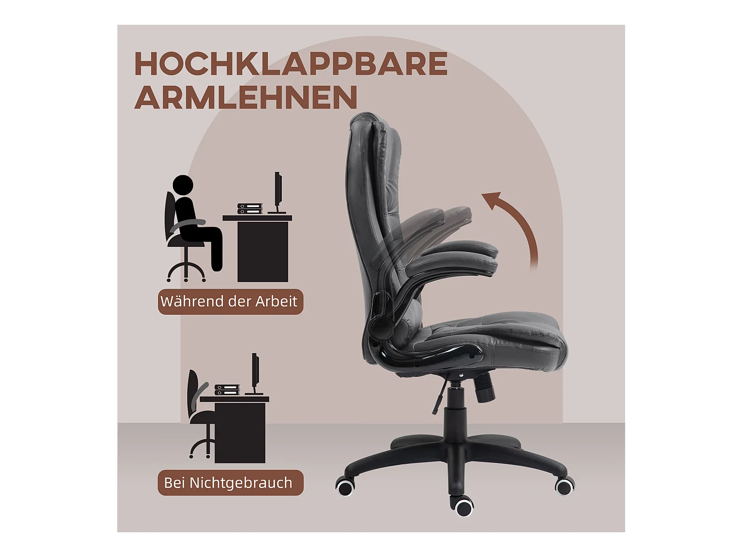 Chaise de bureau ergonomique avec fonction basculante, accoudoirs escamotables, en simili cuir, gris foncé (60x69x121 cm)