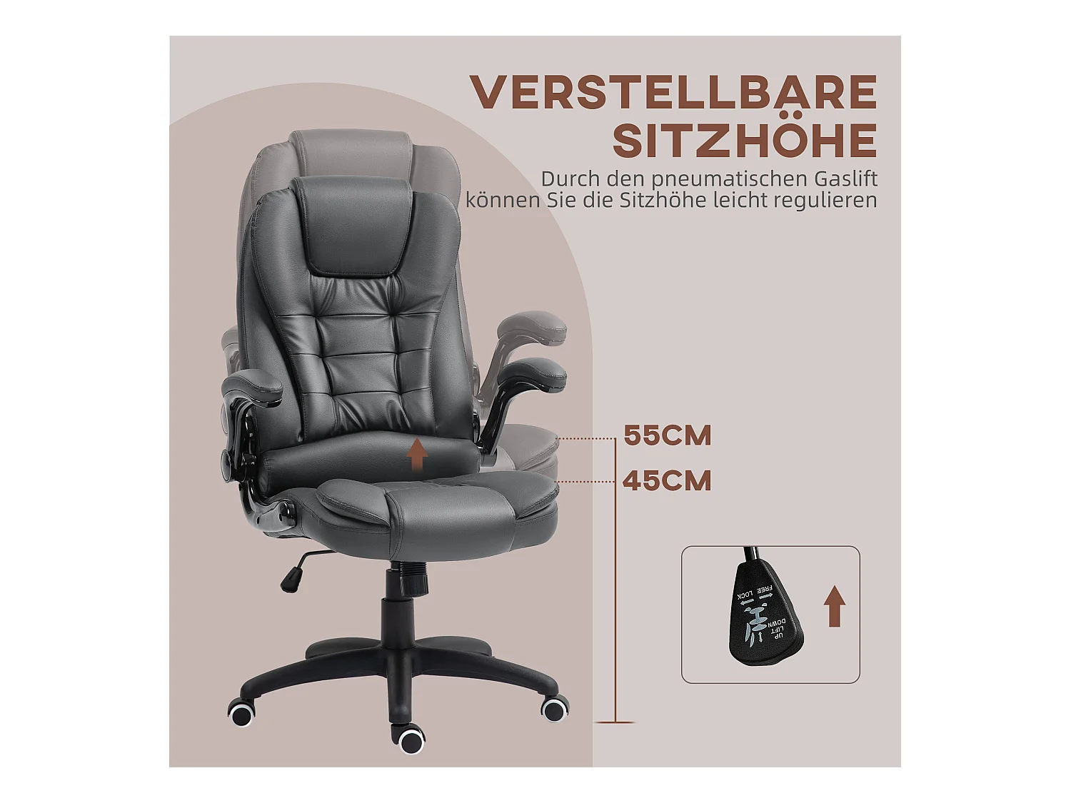 Chaise de bureau ergonomique avec fonction basculante, accoudoirs escamotables, en simili cuir, gris foncé (60x69x121 cm)