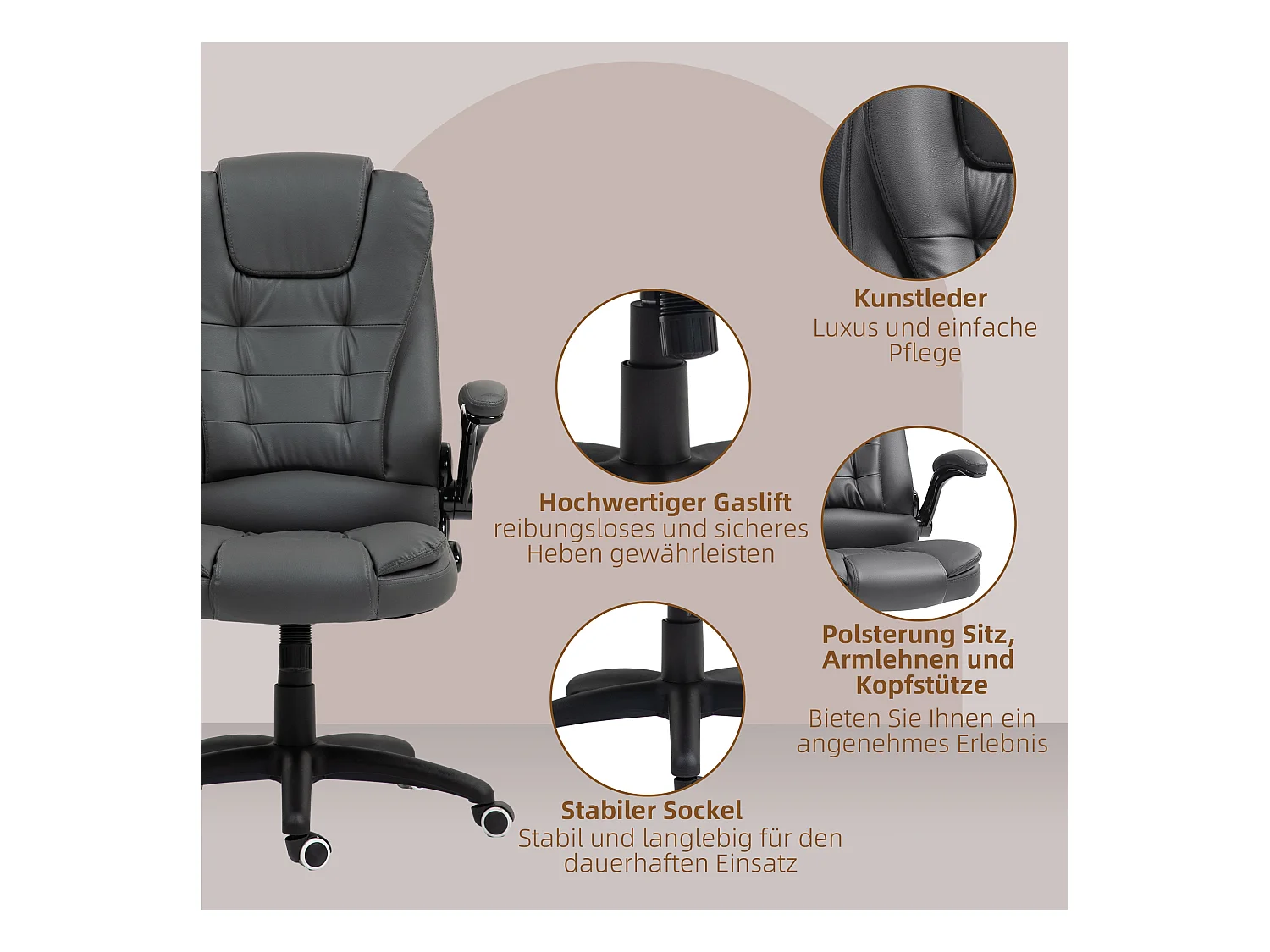 Chaise de bureau ergonomique avec fonction basculante, accoudoirs escamotables, en simili cuir, gris foncé (60x69x121 cm)