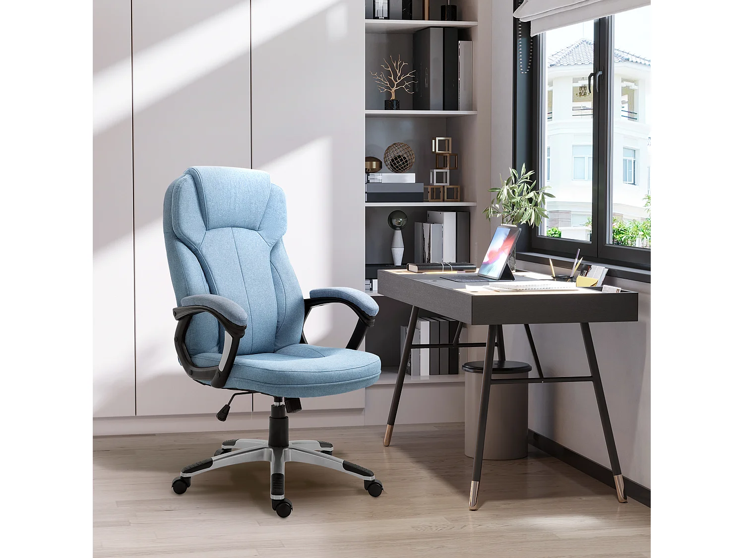 Fauteuil de bureau ergonomique avec dossier haut, réglable en hauteur, tissu lin, bleu clair (66x75x120 cm)