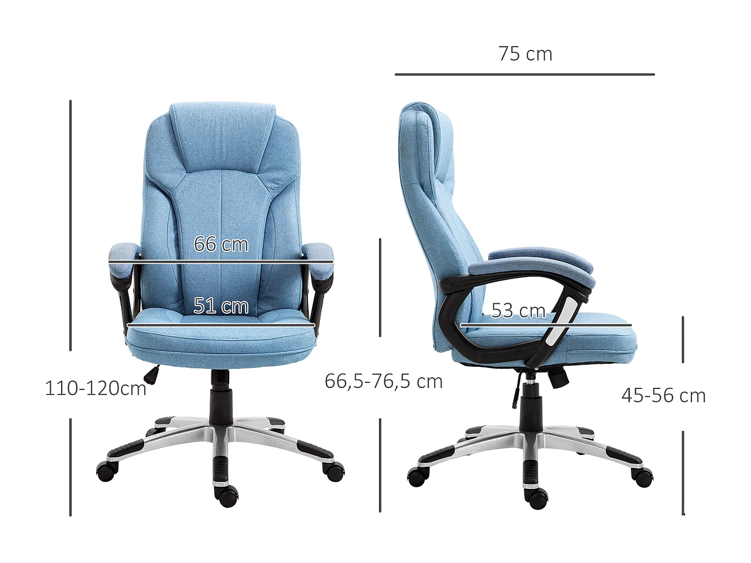 Fauteuil de bureau ergonomique avec dossier haut, réglable en hauteur, tissu lin, bleu clair (66x75x120 cm)